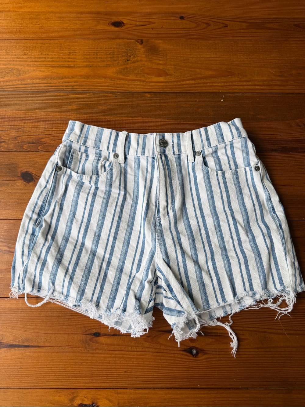 LOFT Blue & White Striped High-Rise Denim Shorts